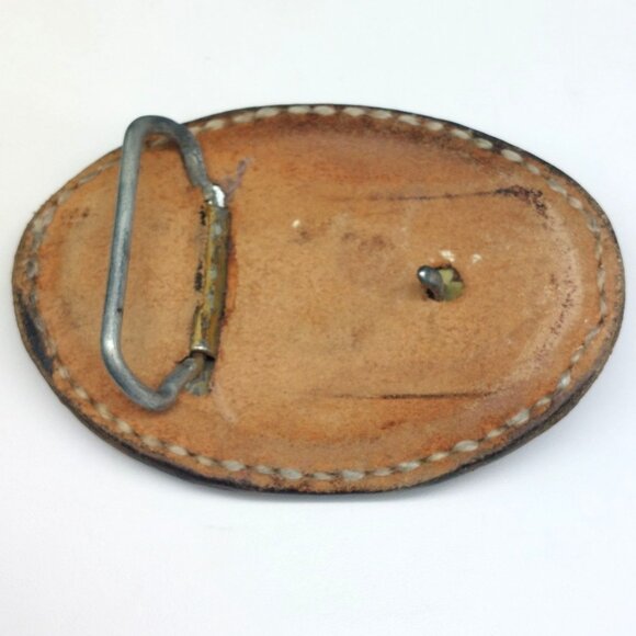Vintage Handcrafted Leather Belt Buckle With Floral Design & Stitched Edges 4" - Picture 2 of 4